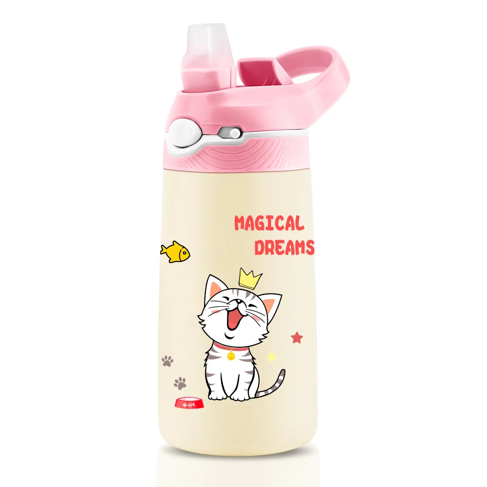 400ml Stainless Steel Thermal Water Bottle For Children Cute Cartoon Thermos Mug With Straw Leak-Proof Insulated Cup Drinkware