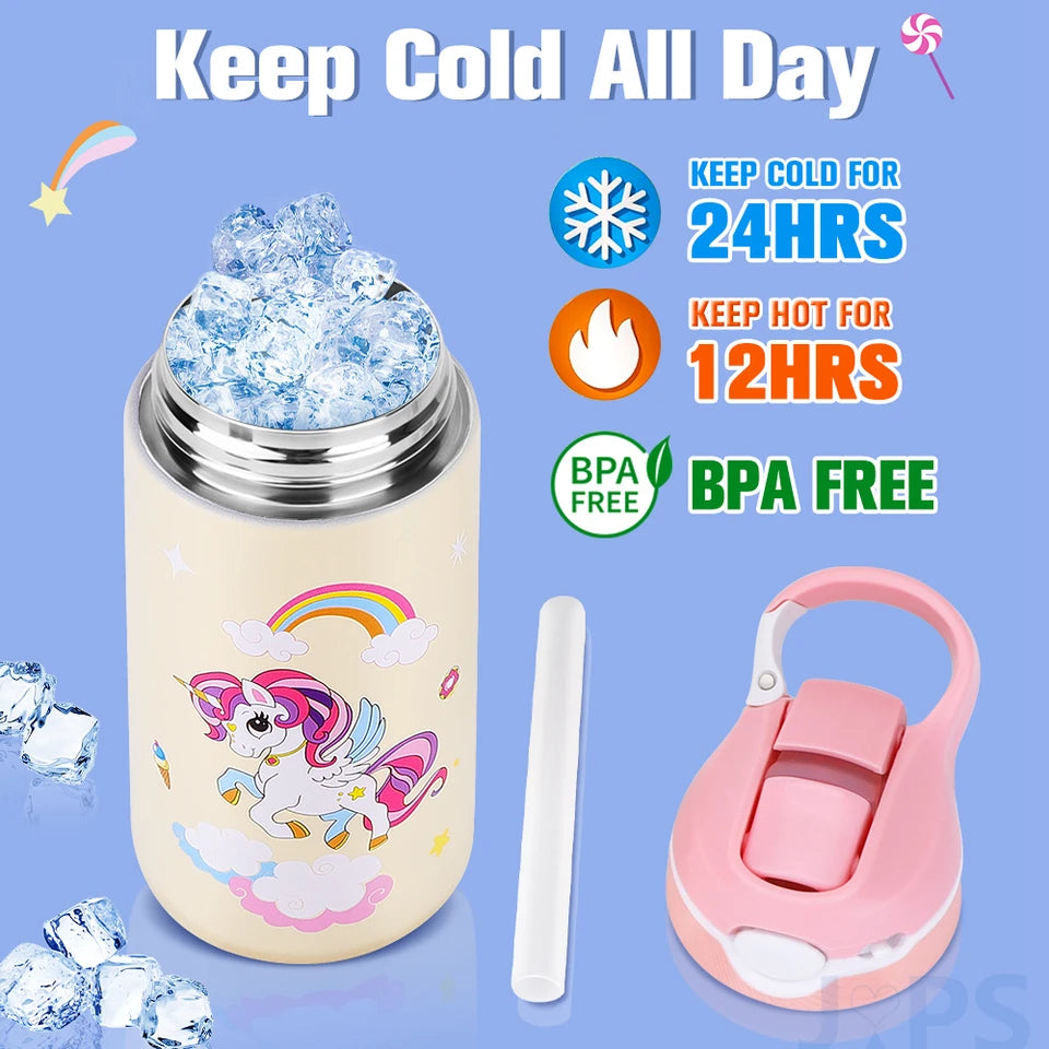 400ml Stainless Steel Thermal Water Bottle For Children Cute Cartoon Thermos Mug With Straw Leak-Proof Insulated Cup Drinkware