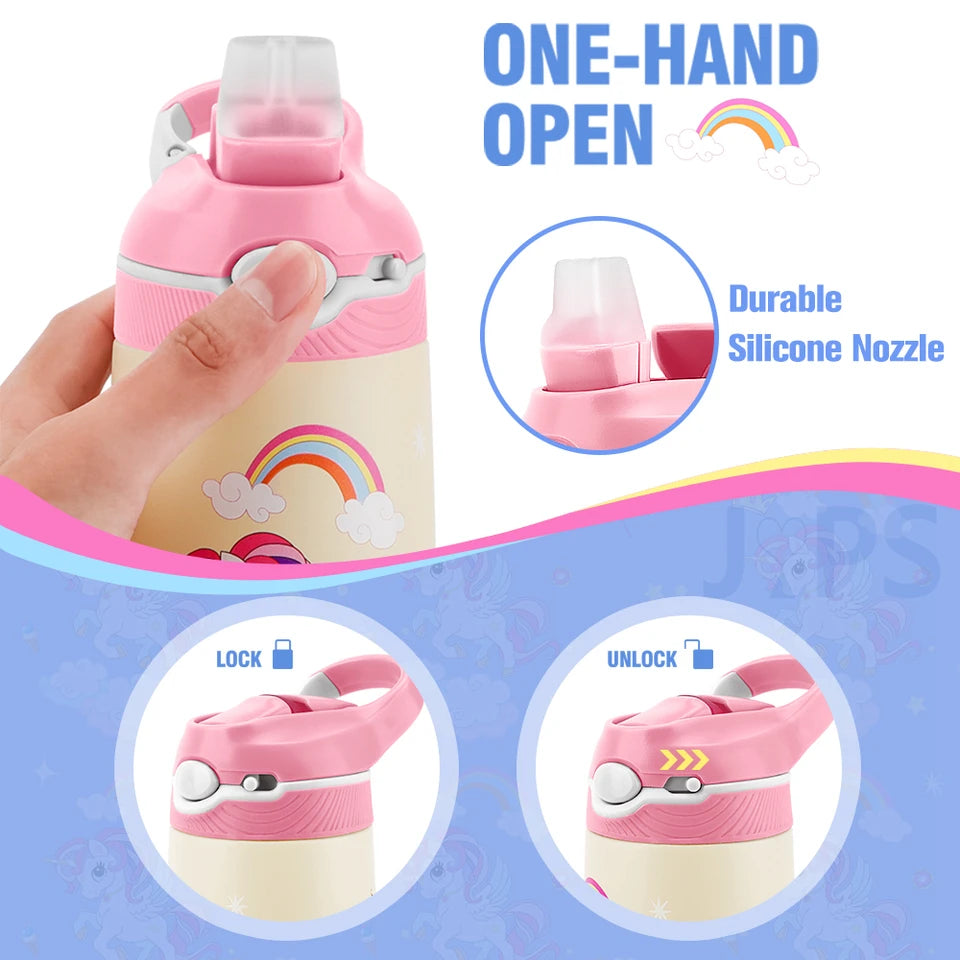 400ml Stainless Steel Thermal Water Bottle For Children Cute Cartoon Thermos Mug With Straw Leak-Proof Insulated Cup Drinkware