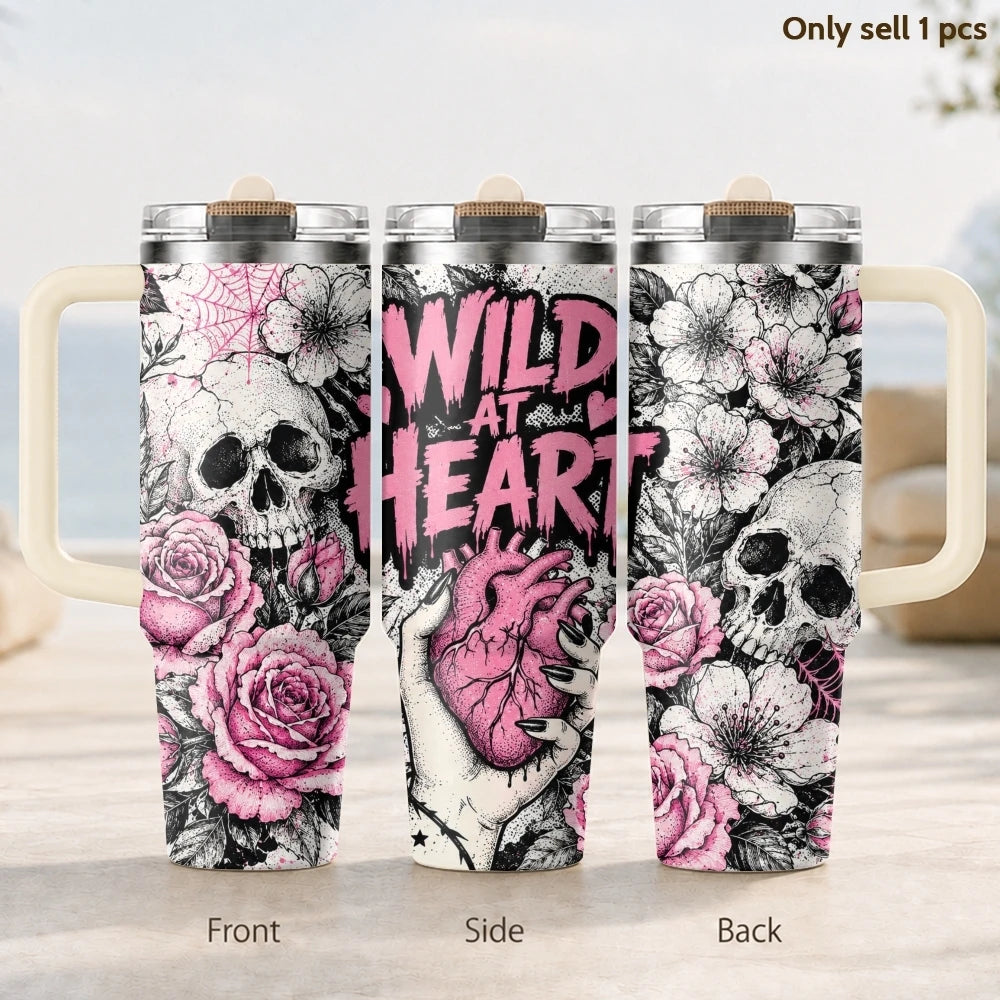 Cool Skull Heart Vacuum Flasks 40oz Vacuum Insulated Travel Mug - Stainless Steel Straw Cup Lid
