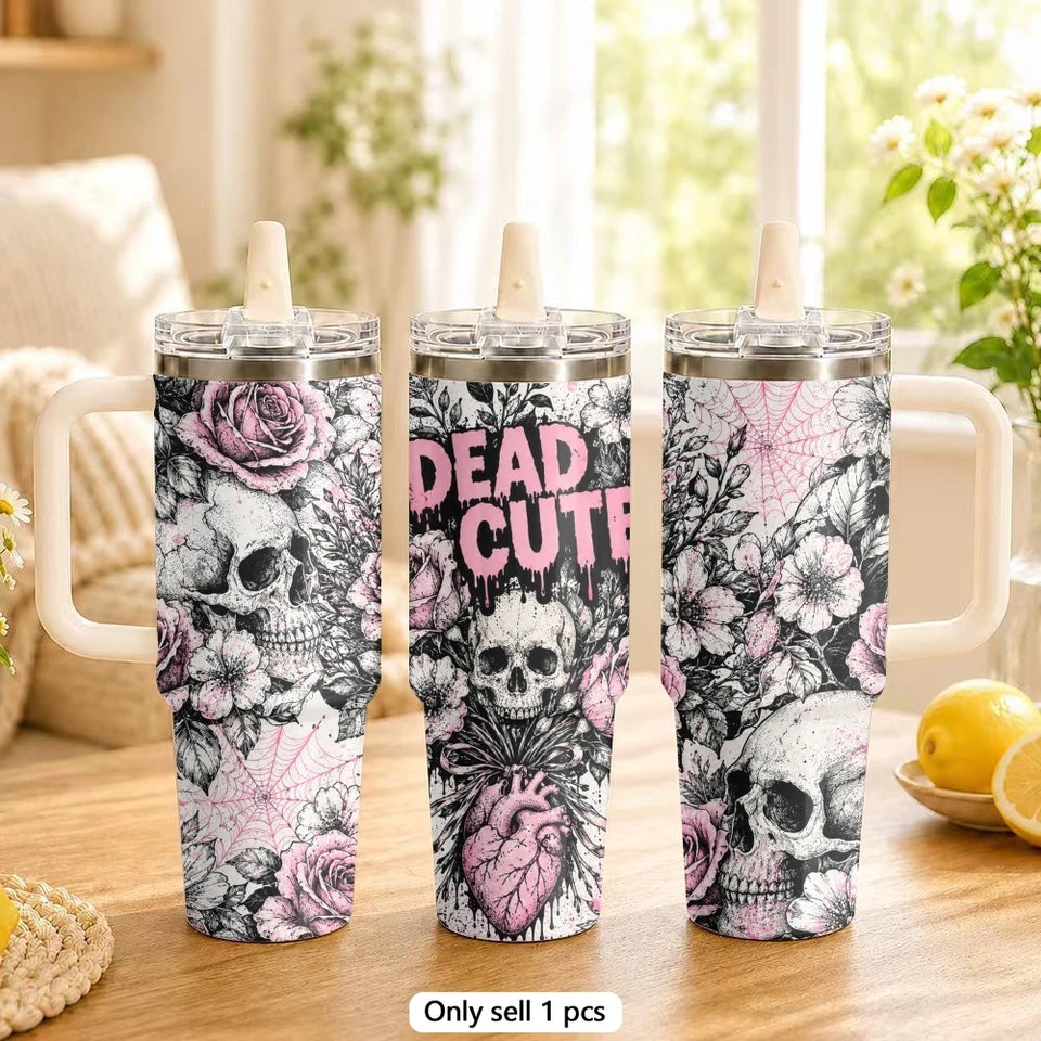 Cool Skull Heart Vacuum Flasks 40oz Vacuum Insulated Travel Mug - Stainless Steel Straw Cup Lid