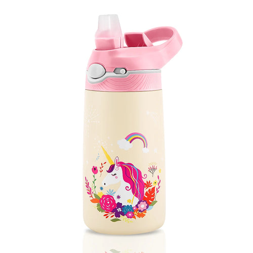 400ml Stainless Steel Thermal Water Bottle For Children Cute Cartoon Thermos Mug With Straw Leak-Proof Insulated Cup Drinkware