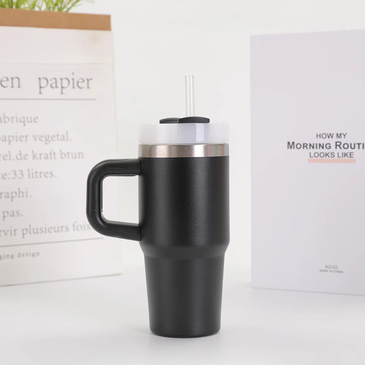 14oz Car Mug with Handle Double-layer Vacuum Coffee Cup Portable Water Cup Large Capacity 304 Stainless Steel Travel Thermal Cup