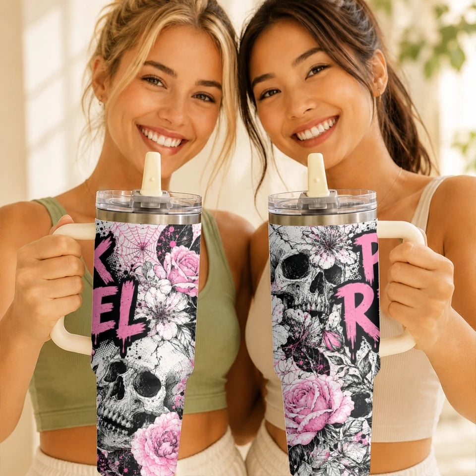 Cool Skull Heart Vacuum Flasks 40oz Vacuum Insulated Travel Mug - Stainless Steel Straw Cup Lid