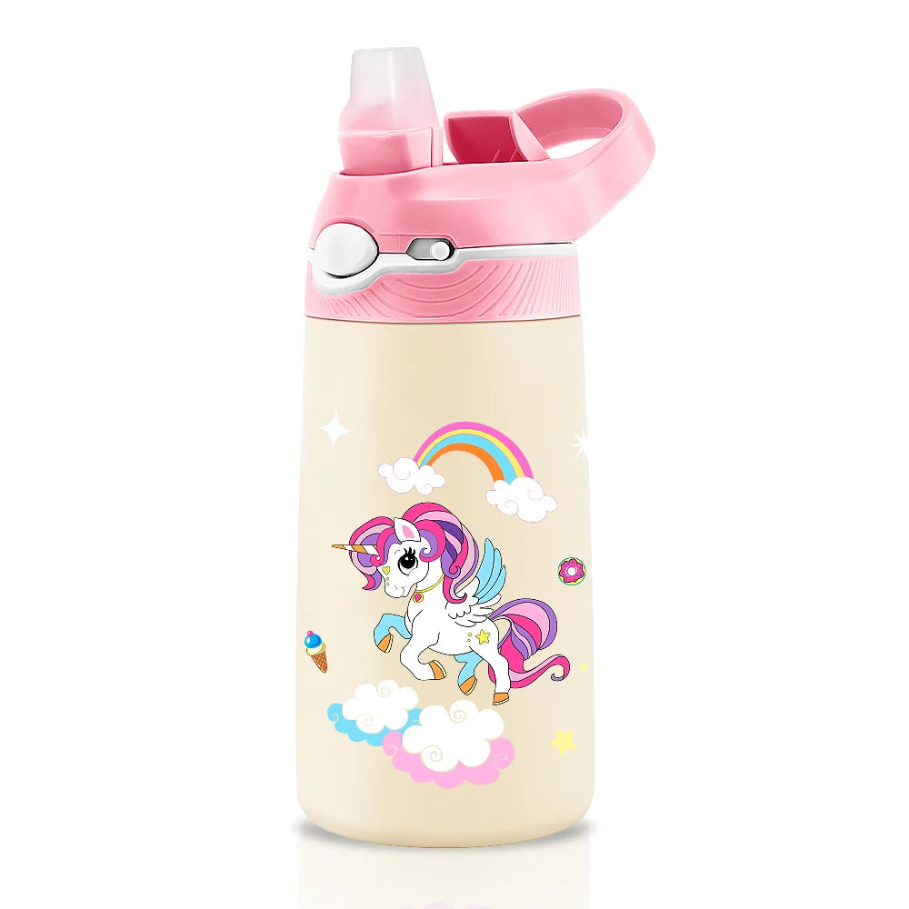 400ml Stainless Steel Thermal Water Bottle For Children Cute Cartoon Thermos Mug With Straw Leak-Proof Insulated Cup Drinkware