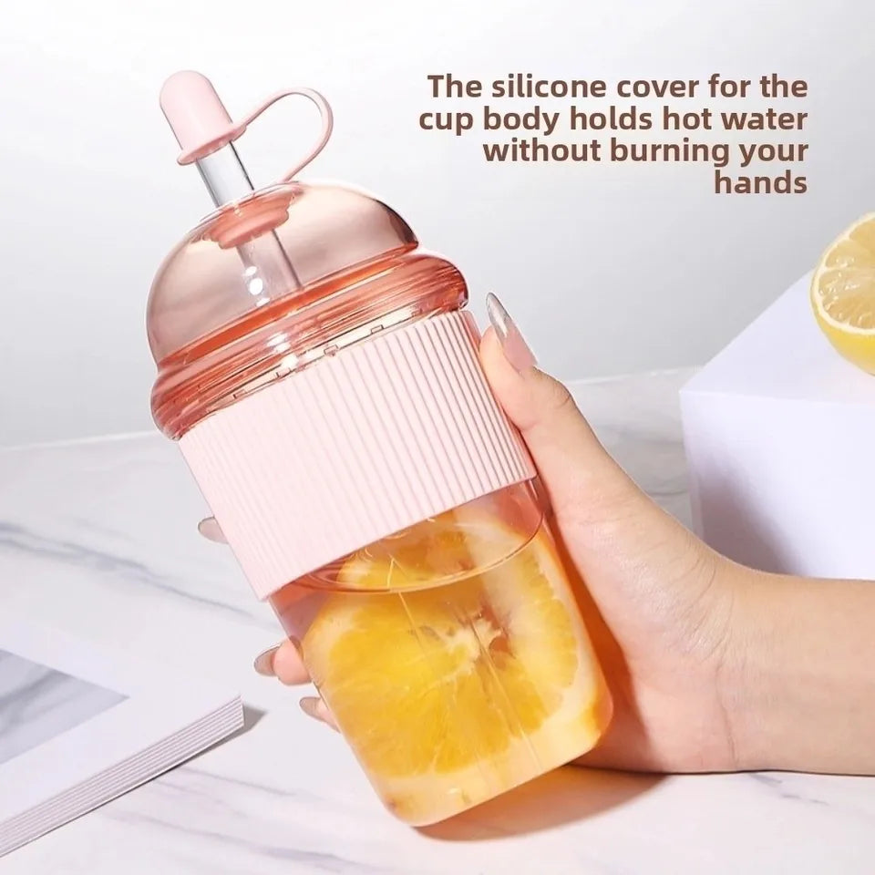 Smoothie Cup with Lid and Straw Clear Tumbler Transparent Silicone Cover Water Bottle 530ML Korean Ins Suction Cup Sport