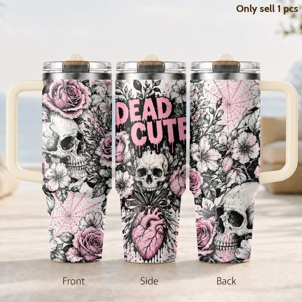 Cool Skull Heart Vacuum Flasks 40oz Vacuum Insulated Travel Mug - Stainless Steel Straw Cup Lid
