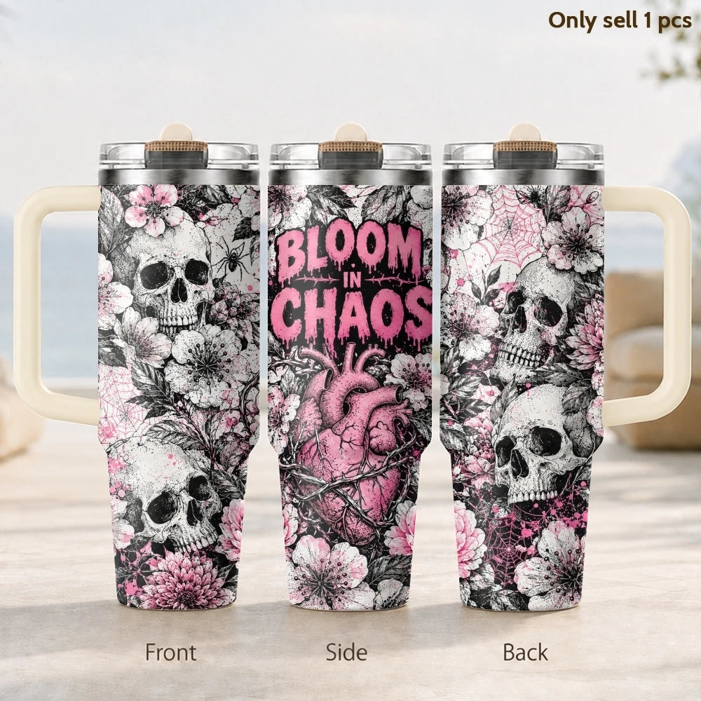 Cool Skull Heart Vacuum Flasks 40oz Vacuum Insulated Travel Mug - Stainless Steel Straw Cup Lid