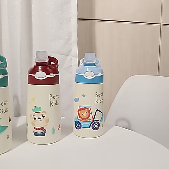 400ml Stainless Steel Thermal Water Bottle For Children Cute Cartoon Thermos Mug With Straw Leak-Proof Insulated Cup Drinkware