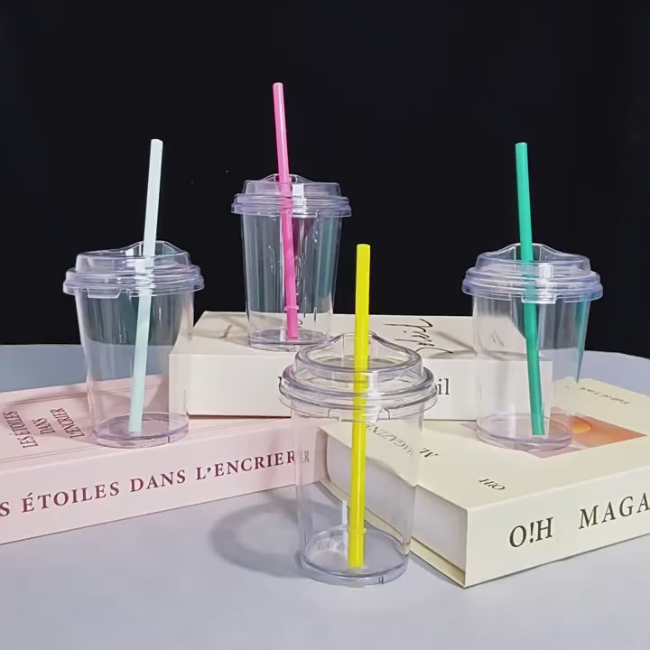 300/889ML Minimalist Style Series Limited Edition Classic Goddess Couple Transparent Plastic Straw Cup Cold Water Cup